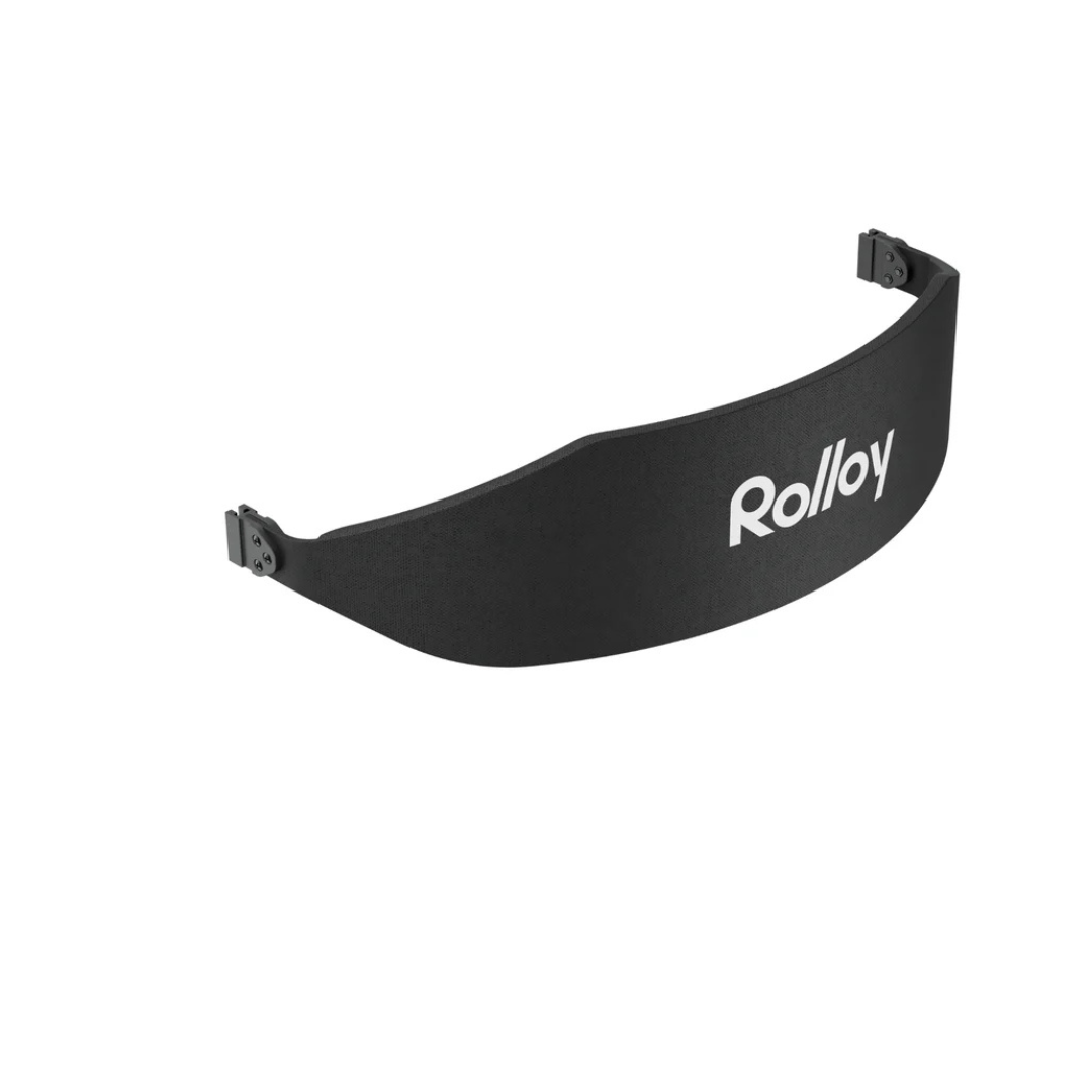 The Backrest Replacement For Rolloy Rollators is a curved black headband with "Rolley" in white and connectors on each end—ideal as a rollator backrest or padded backrest replacement accessory.