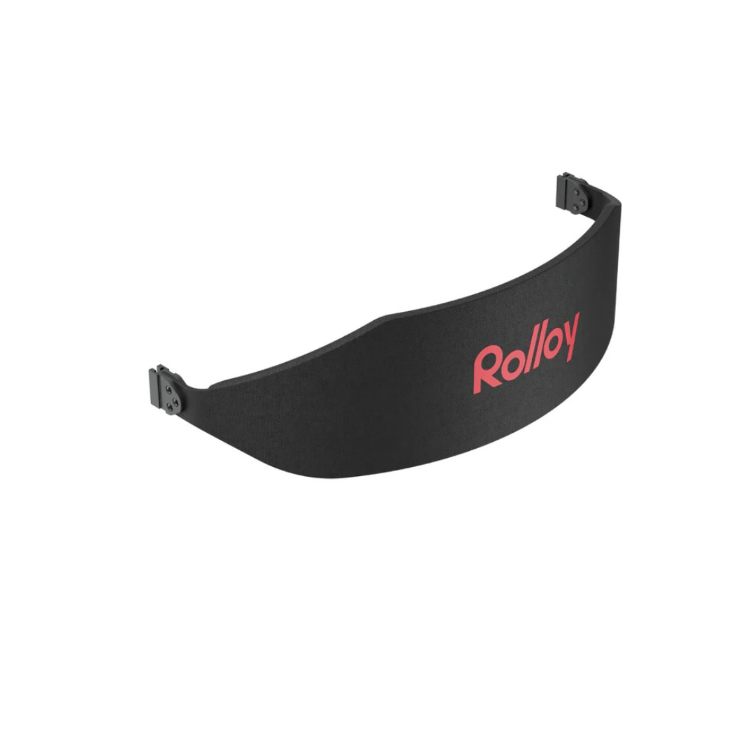 A curved black backrest replacement for Rolloy rollators, featuring "Rolloy" in pink lettering and two attachment points at either end, designed as a stylish rollator accessory.