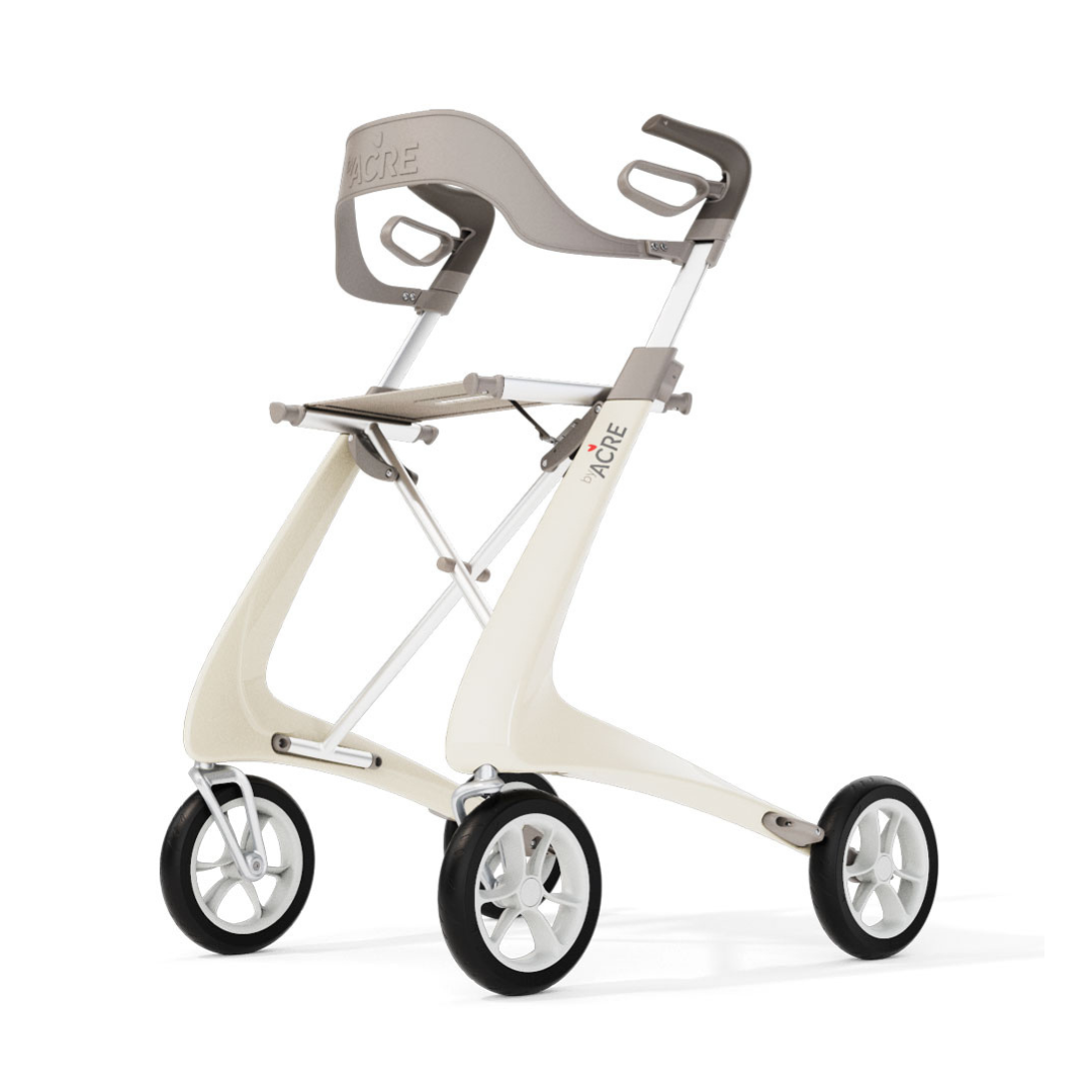 Enhance your ByAcre Ultralight Carbon Fiber Rollator with the Backrest—designed for style and comfort, this accessory features a sleek, minimal look in cream and gray to match your modern mobility needs.