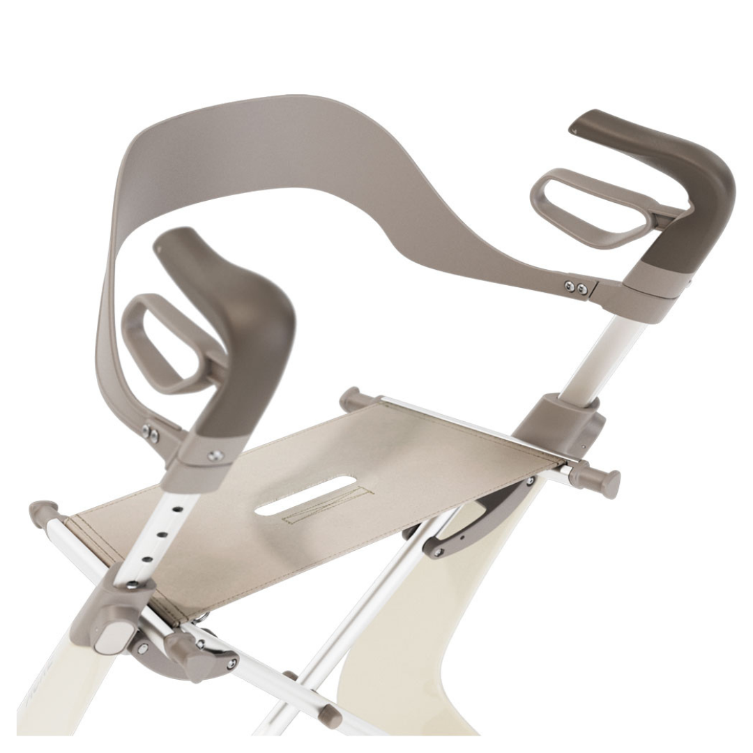 A close-up of the beige and gray Backrest for ByAcre Ultralight Carbon Fiber Rollators, shown attached to a rollator with ergonomic handles, seat, and adjustable frame—providing added support for walking or standing.