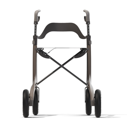 Front view of the Backrest For byAcre Overland Carbon Fiber Rollators attached to a modern rollator walker with four wheels and adjustable handles, shown against a white background.