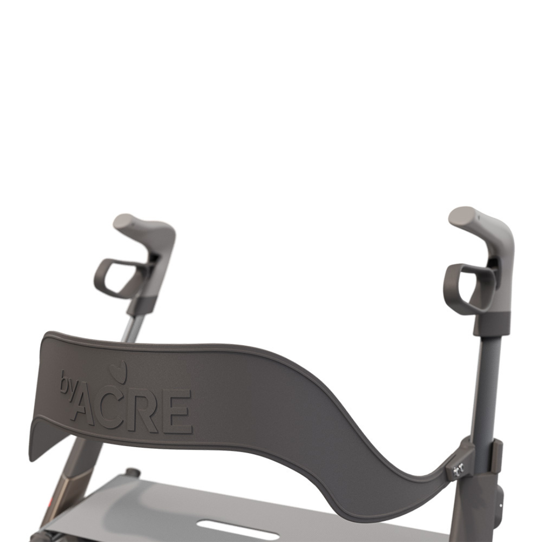 Close-up of the upper backrest and handles, showcasing the ergonomic grips and curved, supportive design of the Backrest for byAcre Overland Carbon Fiber Rollators—an essential comfort feature.