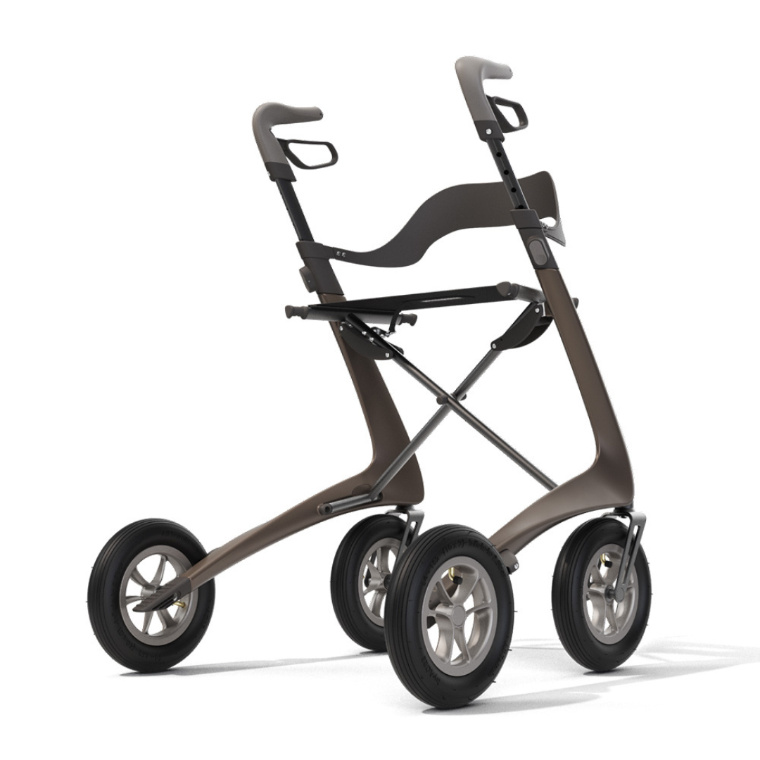 A modern, lightweight Carbon Overland Rollator with four large wheels, ergonomic handles, a curved seat, and a sleek metallic frame—compatible with the Backrest For byAcre Overland Carbon Fiber Rollators for added comfort and support.