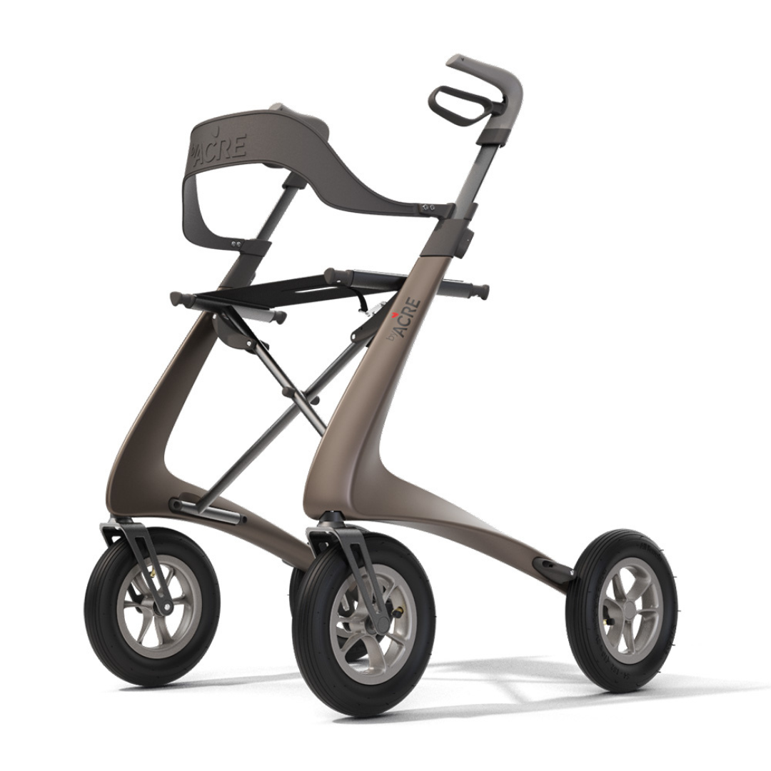 The Backrest For byAcre Overland Carbon Fiber Rollators adds comfort to the modern, sturdy Carbon Overland Rollator, featuring four large wheels, an ergonomic curved frame, and ACRE branding on the frame.