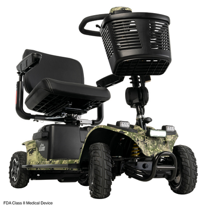The Pride Baja® Bandit 4 Wheel Scooter sports a rugged camouflage design with thick tires and full suspension for off-road use. It features a black seat, front basket, elevated front end, and a lithium-ion battery for optimal outdoor adventures.