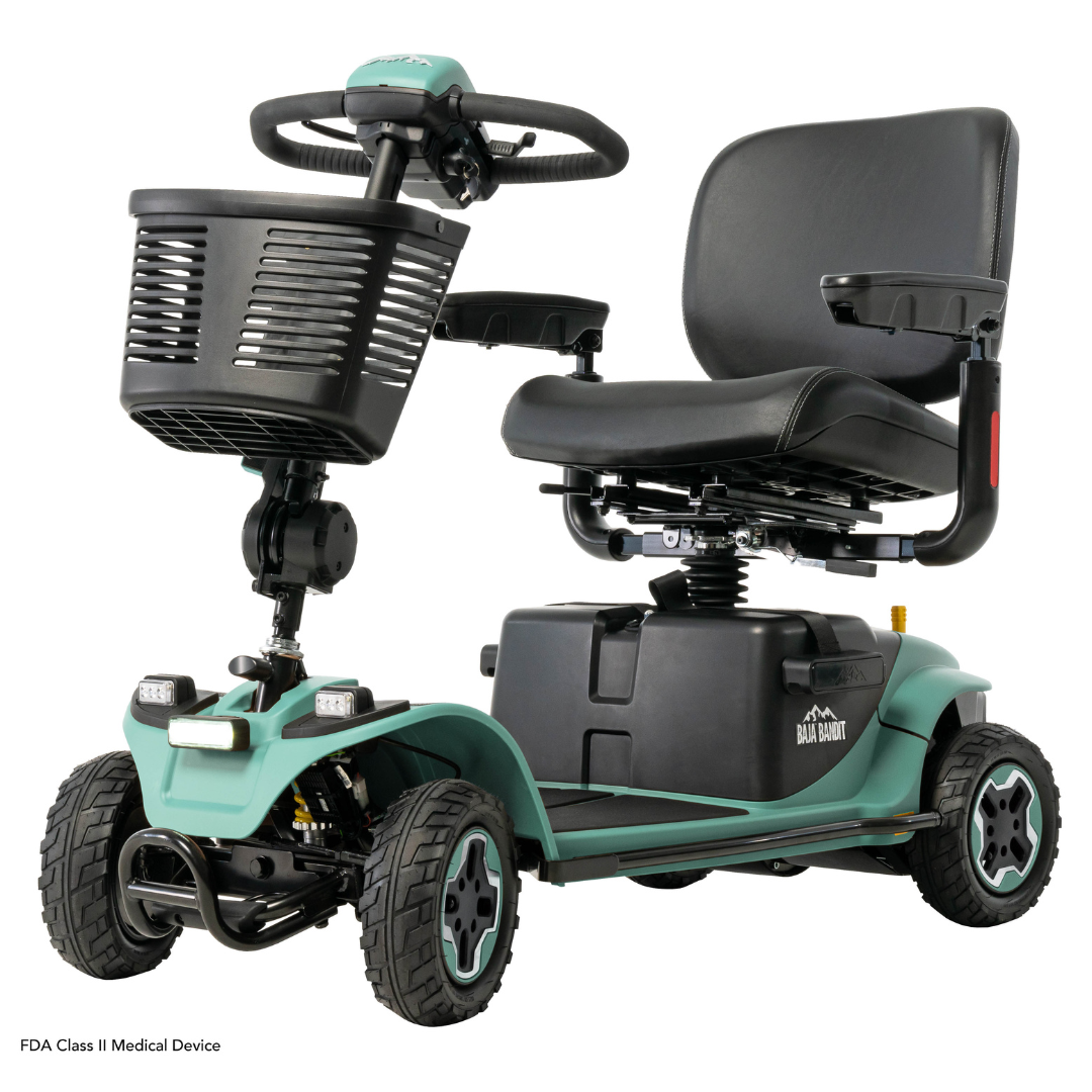 The Pride Baja® Bandit 4 Wheel Scooter offers a green mobility solution with a black seat, basket, handlebar, and four wheels. Designed for accessibility, it features a rugged base, full suspension, compact design, and lithium-ion power for smooth off-road rides across diverse terrains.