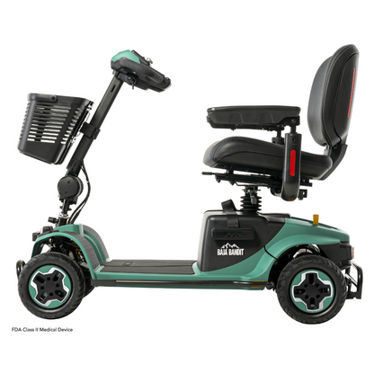 Side view of a teal and black Pride Baja® Bandit 4 Wheel Scooter with a seat, armrests, front basket, sturdy frame, four small wheels, full suspension, and model name displayed on the side.