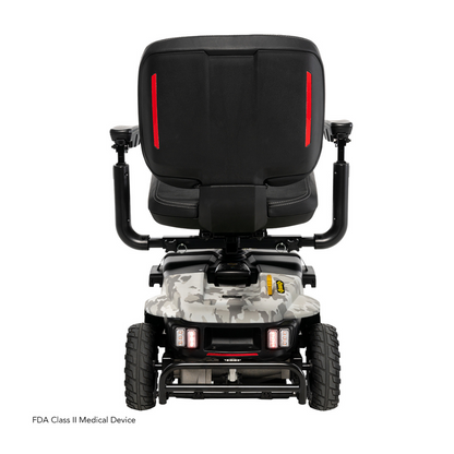 The Pride Baja® Bandit 4 Wheel Scooter showcases a rear view with a black and camouflage-patterned base, ideal for off-road adventures. It includes large rugged wheels, a comfy seat with armrests, and red safety reflectors, designed to boost mobility and comfort.