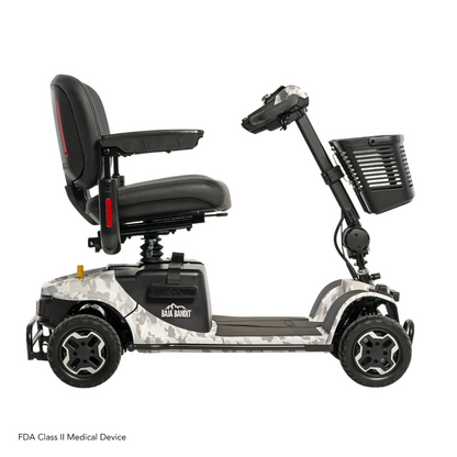 The Pride Baja® Bandit 4 Wheel Scooter, ideal for off-road adventures, boasts a striking camo finish. Its side view reveals a padded seat and front storage basket. Equipped with a lithium-ion battery, it offers smooth rides on four wheels.