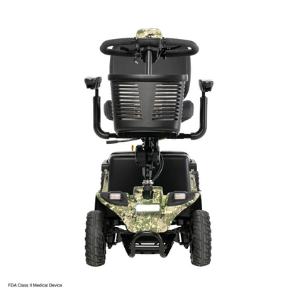 The front view of the Pride Baja® Bandit 4 Wheel Scooter showcases a camo-patterned design with cushioned black seat, armrests, tires, and handlebars. Designed for off-road adventures, it features rugged wheels and a sturdy frame with full suspension to handle rough terrain effortlessly.