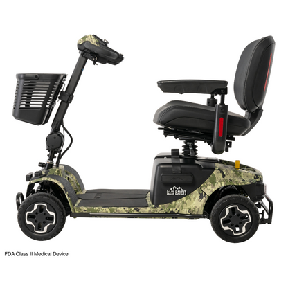 The side view of the Pride Baja® Bandit 4 Wheel Scooter showcases a camo pattern, ideal for off-road excursions. It features a front basket, four wheels with full suspension, armrests, and a cushioned seat with a backrest, all powered by a reliable lithium-ion battery.