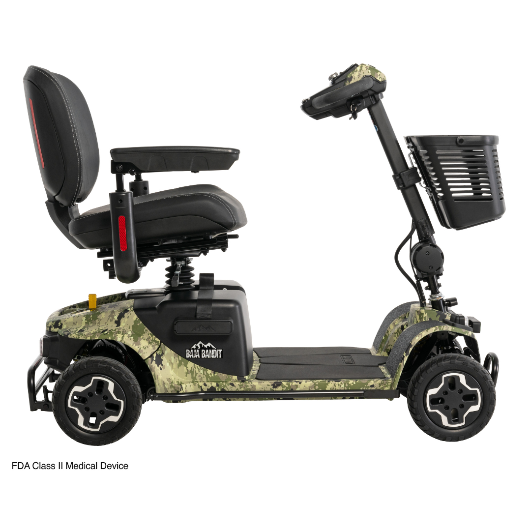 Side view of the rugged Pride Baja® Bandit 4 Wheel Scooter, featuring a camouflage pattern, padded seat, and front basket. Designed for off-road adventures, it includes four robust wheels and a durable lithium-ion battery for outdoor excursions.