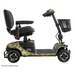 Side view of the rugged Pride Baja® Bandit 4 Wheel Scooter, featuring a camouflage pattern, padded seat, and front basket. Designed for off-road adventures, it includes four robust wheels and a durable lithium-ion battery for outdoor excursions.