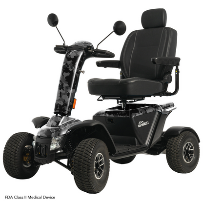 The Pride Baja® Wrangler® 2, a heavy-duty outdoor scooter, comes in black with four wheels. It features a comfortable padded seat, armrests, high back, and rearview mirrors. Camouflage-patterned handlebars ensure durability and performance. This FDA Class II medical device is ideal for rugged terrain.