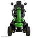 The Pride Baja® Wrangler® 2 is a green outdoor mobility scooter with a cushioned seat, handlebars, and two rearview mirrors. Designed for rugged terrain, it features large wheels, headlights, and CTS Suspension for a smooth ride. Labeled as an FDA Class II Medical Device.