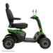 The Pride Baja® Wrangler® 2 Heavy Duty Outdoor Scooter in green and black features four rugged wheels, a cushioned seat with armrests, and handlebars with mirrors. Known for its durability and performance, its classified as an FDA Class II Medical Device.