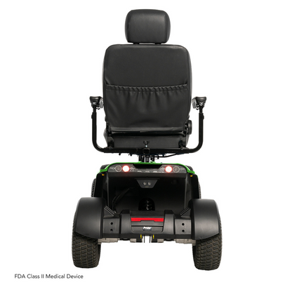 Rear view of a black Pride Baja® Wrangler® 2 Heavy Duty Outdoor Scooter with a headrest and armrests for rugged terrain, featuring four large wheels, red reflectors, and emphasizing durability and performance. FDA Class II Medical Device text is in the bottom left corner.