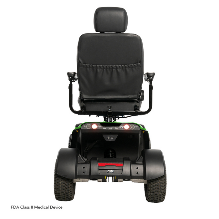 Rear view of a black Pride Baja® Wrangler® 2 Heavy Duty Outdoor Scooter with a headrest and armrests for rugged terrain, featuring four large wheels, red reflectors, and emphasizing durability and performance. FDA Class II Medical Device text is in the bottom left corner.