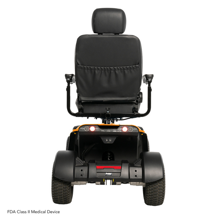 Rear view of the Pride Baja® Wrangler® 2 Heavy Duty Outdoor Scooter with a padded black chair and backrest, featuring a red bumper and large textured tires designed for rugged terrain durability. Bottom left text reads FDA Class II Medical Device.