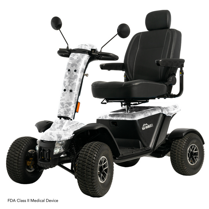 The Pride Baja® Wrangler® 2 Heavy Duty Outdoor Scooter is designed for rugged terrains with a camo-patterned exterior and black cushioning. It features an adjustable seat with armrests, rearview mirrors, and is labeled as an FDA Class II Medical Device for durability and performance.