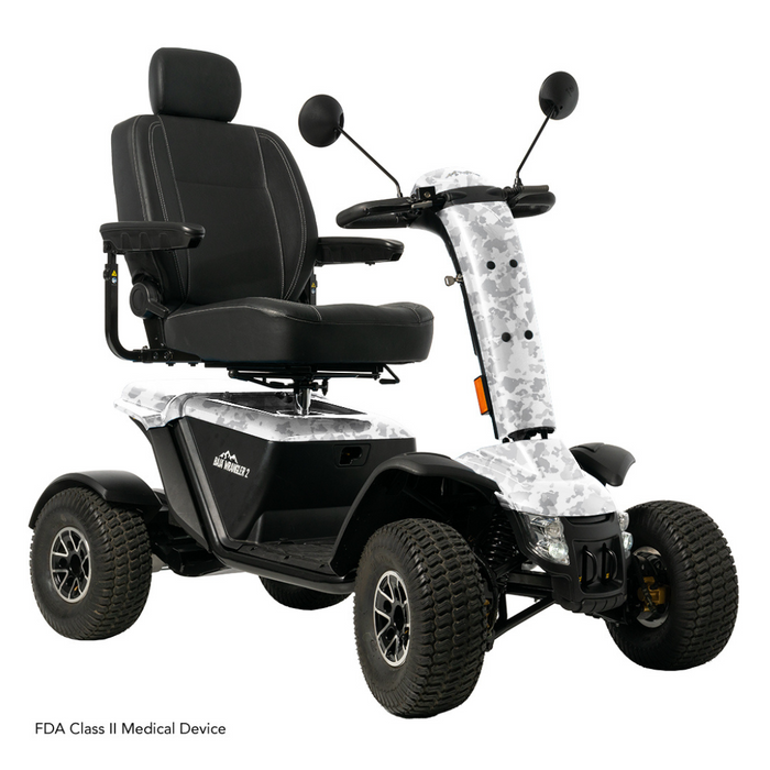 The Pride Baja® Wrangler® 2 is an outdoor scooter with a tall backrest, adjustable armrests, white and gray camouflage design, mirrors, textured seat, advanced CTS Suspension; FDA Class II Medical Device.