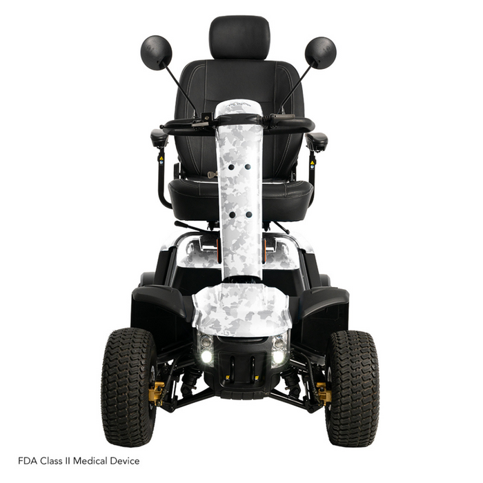 The Pride Baja® Wrangler® 2 Heavy Duty Outdoor Scooter, an FDA Class II Medical Device, features large textured tires, a padded seat with armrests, mirrors, headlights for night safety, and CTS Suspension for a smooth ride on all terrains.