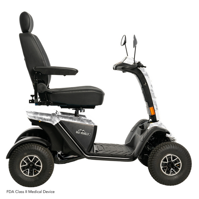 The Pride Baja® Wrangler® 2 Heavy Duty Outdoor Scooter boasts four sturdy wheels, a padded seat with headrest, adjustable armrests, handlebar mirrors, and textured footrests for safety and comfort. Its sleek black design makes it the perfect outdoor mobility solution.