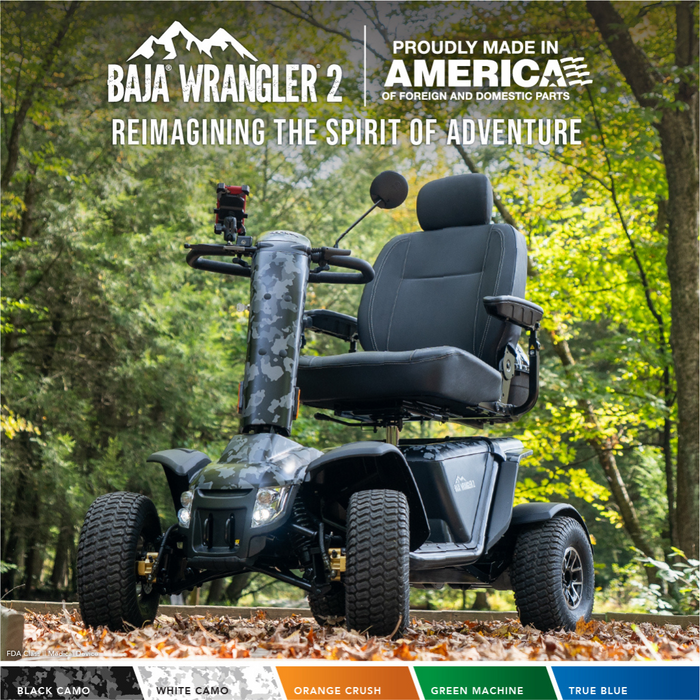 The Pride Baja® Wrangler® 2 Heavy Duty Outdoor Scooter, with its camo design and CTS Suspension, smoothly navigates forest trails. It features a comfortable seat, large tires, and a mounted device holder—a true adventure companion crafted in America by Baja Mobility.