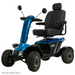 The Pride Baja® Wrangler® 2 Heavy Duty Outdoor Scooter is blue with a comfy black seat, armrests, mirrors on the handlebars, four sturdy wheels, and CTS Suspension. Its designed for rugged terrain while maintaining a sleek look for outdoor use.