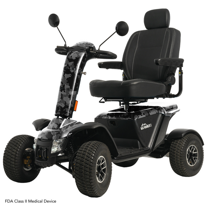 The Pride Baja® Wrangler® 2, a heavy-duty outdoor scooter, comes in black with four wheels. It features a comfortable padded seat, armrests, high back, and rearview mirrors. Camouflage-patterned handlebars ensure durability and performance. This FDA Class II medical device is ideal for rugged terrain.