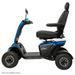 The Pride Baja® Wrangler® 2 Heavy Duty Outdoor Scooter features a sturdy four-wheel design, high backseat, armrests, and large wheels. With its rugged terrain capability and blue with black accents, its perfect for outdoor use.