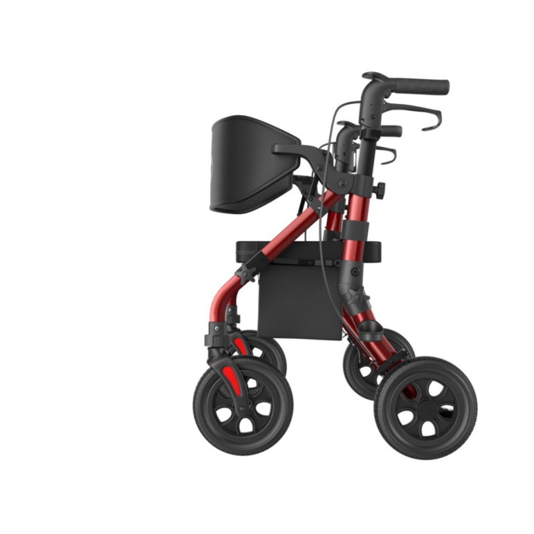 The Bariatric 2-In-1 Rollator & Transport Chair | VOCIC Z59 is a red and black, four-wheeled mobility aid featuring a seat, storage bag, hand brakes, and large sturdy wheels, designed to assist with enhanced mobility.