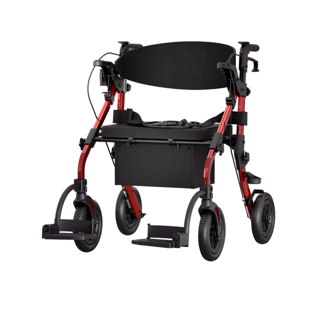The Bariatric 2-In-1 Rollator & Transport Chair | VOCIC Z59 is a red, lightweight mobility aid featuring a black seat, footrests, four wheels, and a storage compartment beneath the seat, pictured against a white background.