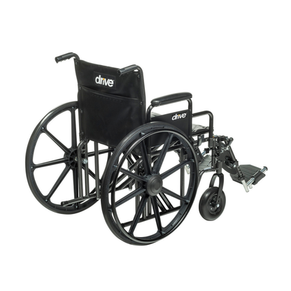 The Drive Bariatric Sentra EC Heavy-Duty Wheelchair is black, shown from a rear-side angle, with large rear wheels, footrests, and "drive" branding. It features a 450 lb weight capacity.