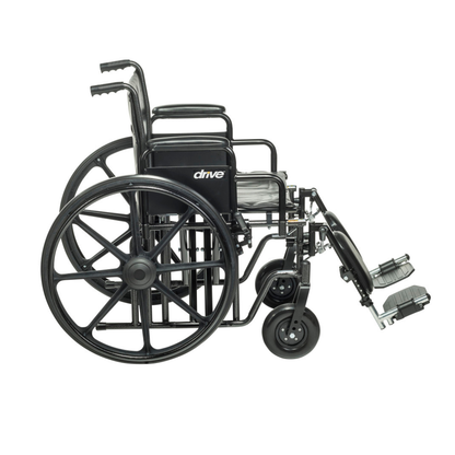 The Drive Bariatric Sentra EC Heavy-Duty Wheelchair, shown in black with large rear wheels, two small front wheels, armrests, footrests, and "drive" branding on the seat back, is empty and displayed from a side view.