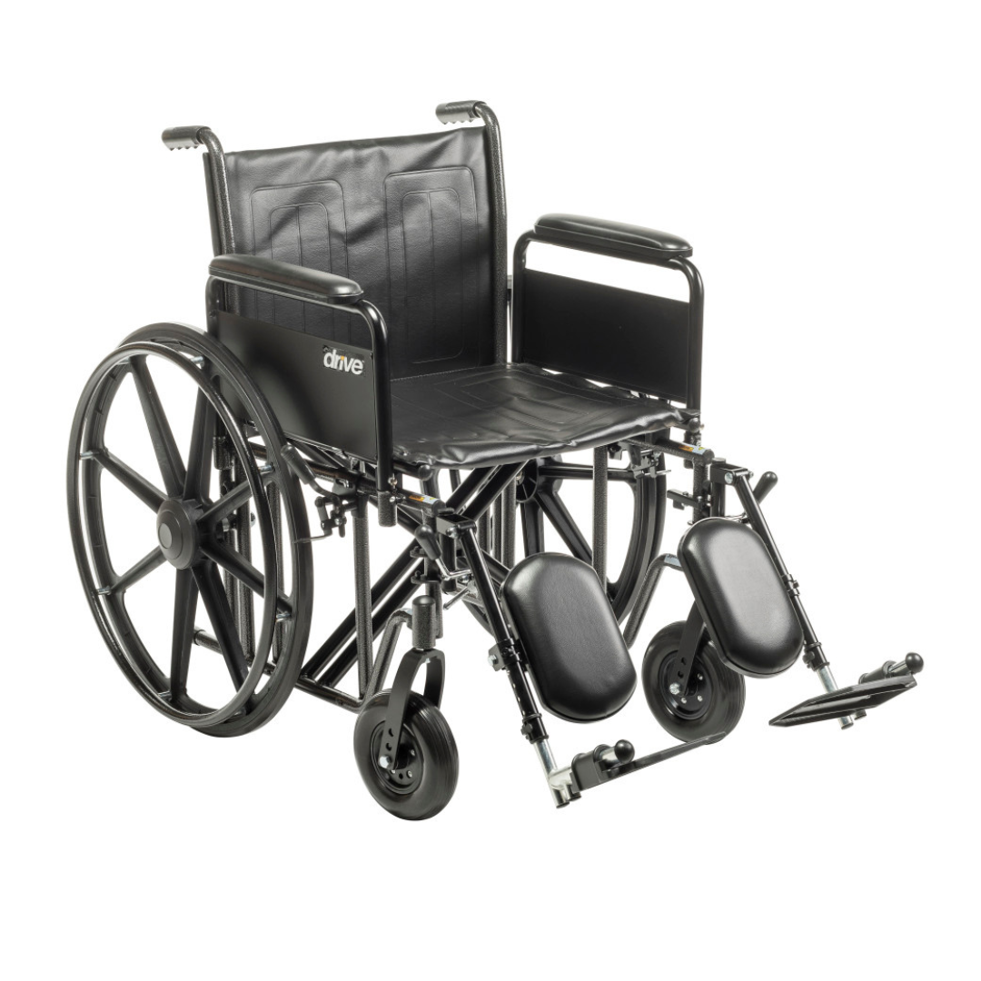 The Drive Bariatric Sentra EC Heavy-Duty Wheelchair is a durable black wheelchair with black wheels, designed for strength and supporting up to 450 lbs.