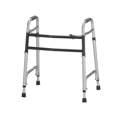 The Nova Medical HD Bariatric Walker is a lightweight, silver metal walker with dual-button release, black foam hand grips, and four rubber-tipped legs, designed to support individuals with mobility challenges.