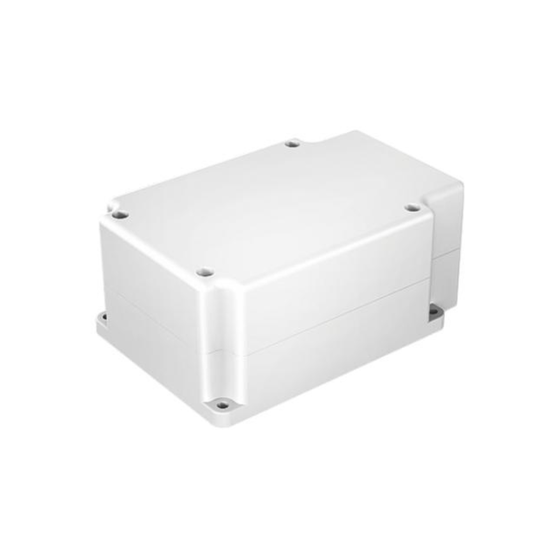 A white, rectangular plastic enclosure box with rounded edges and four visible corner screws is shown on a plain white background—this is the Battery Backup for the Invacare CS600 Bed, designed to support emergency power for hospital bed safety.