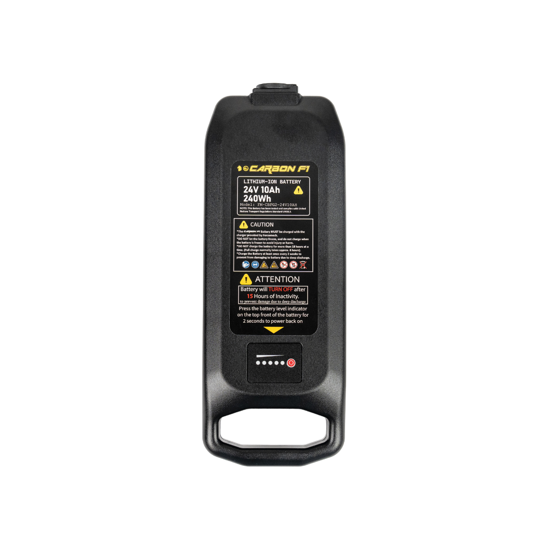 The Battery For Forcemech Carbon F1 Power Chair is a black rectangular unit labeled “24V 10Ah 240Wh,” featuring warning instructions, indicator lights, a built-in bottom handle, and is designed as a lightweight power chair battery.