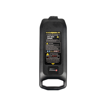 The Battery For Forcemech Carbon F1 Power Chair is a black rectangular unit labeled “24V 10Ah 240Wh,” featuring warning instructions, indicator lights, a built-in bottom handle, and is designed as a lightweight power chair battery.