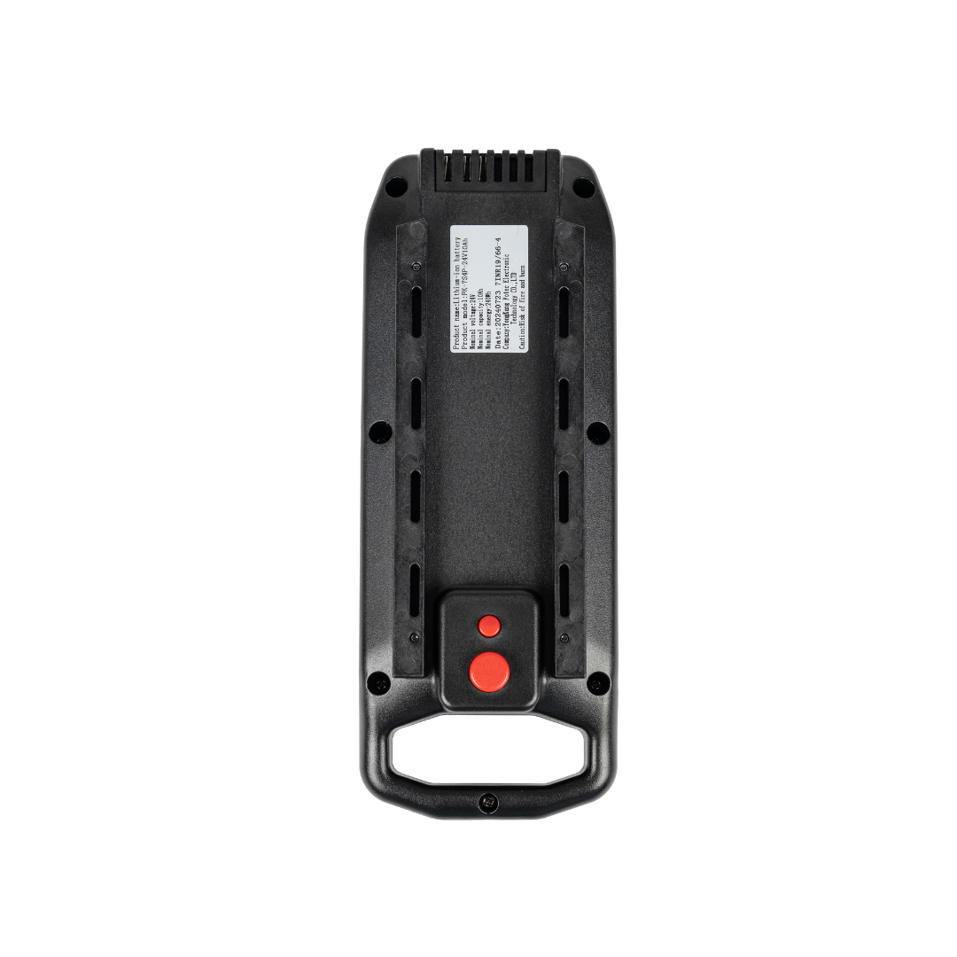 A black rectangular Battery For Forcemech Carbon F1 Power Chair, featuring a carrying handle, red button, and white label with specs, is shown on a white background. This FAA-approved battery offers portable convenience.