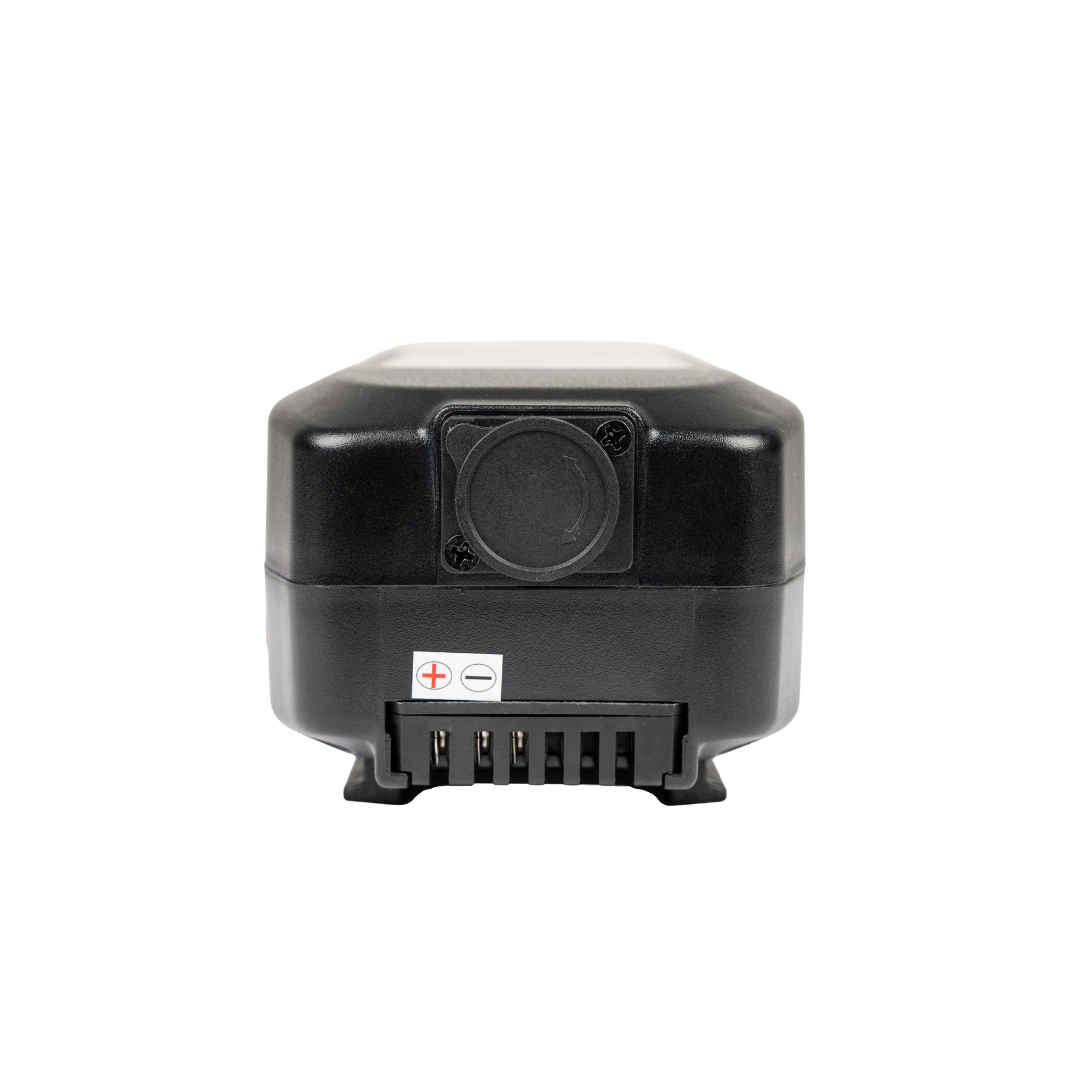 The Battery for Forcemech Carbon F1 Power Chair is a compact black rectangular battery with a circular port, metal connectors, and polarity markings—an ideal lightweight power source for portable convenience.