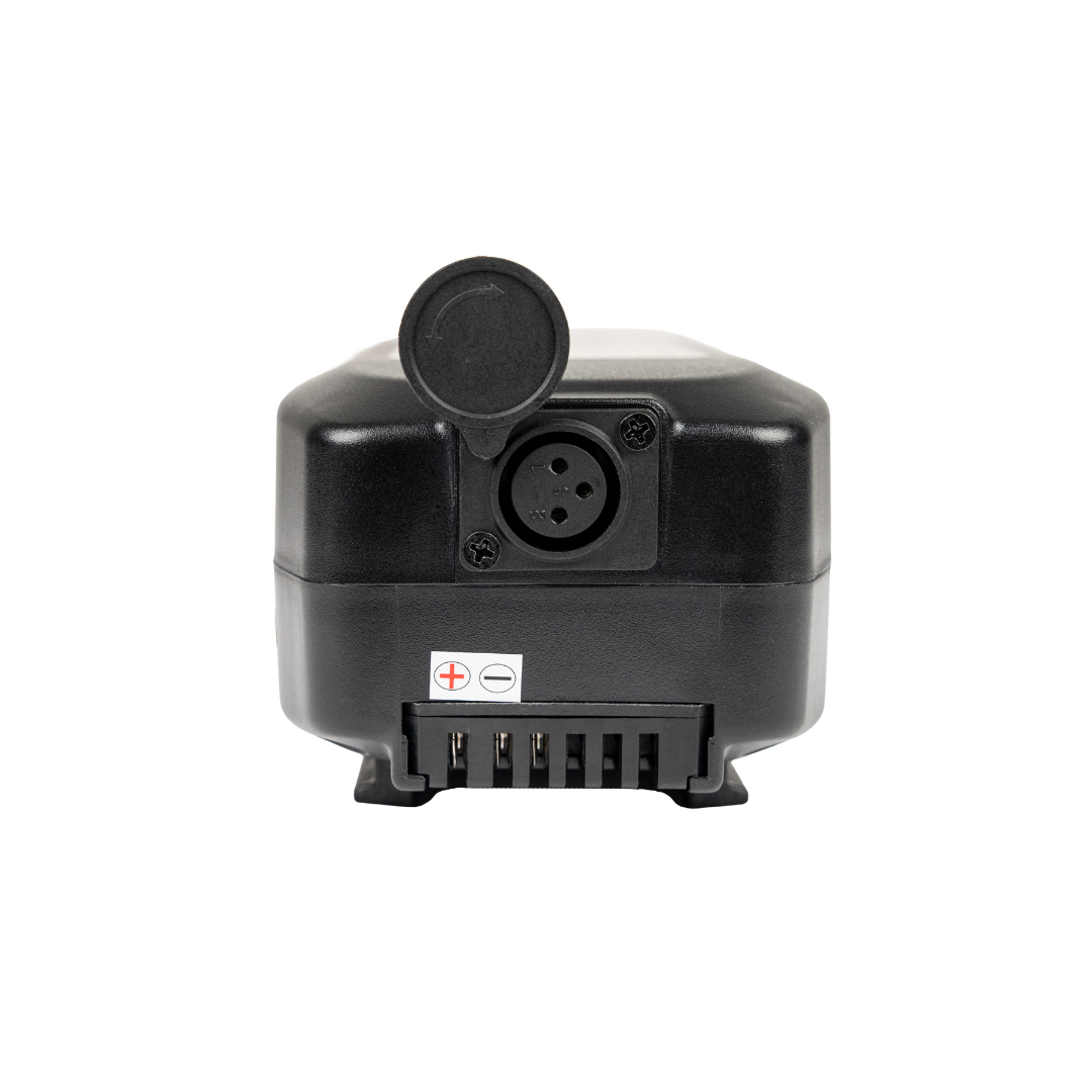 The Battery for Forcemech Carbon F1 Power Chair is a lightweight black electronic device with a hinged cap over a circular port, three-pin connector, and metal terminals labeled positive and negative—perfect for power chairs.