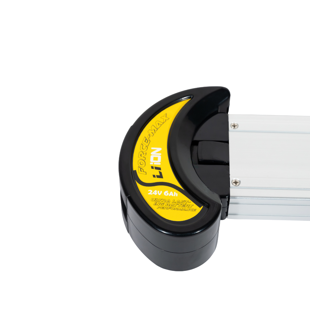 Close-up of a black and yellow Battery for Forcemech Navigator Powerchair, labeled FORCE MAX Li-ION 24V 6Ah, attached to a silver metal rail, isolated on a white background.