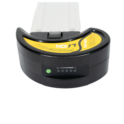 Close-up of a Battery For Forcemech Navigator Powerchair, featuring an LED indicator with four green bars and a power button on the front.