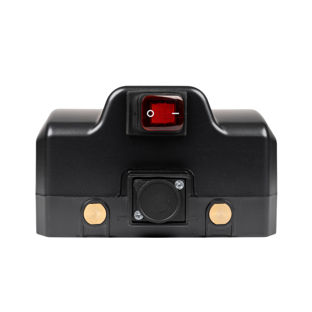 This FAA-approved Battery For Forcemech Traveler Scooter is a black rectangular unit featuring a red on/off switch at the top and two gold circular contacts at the bottom, shown against a white background.