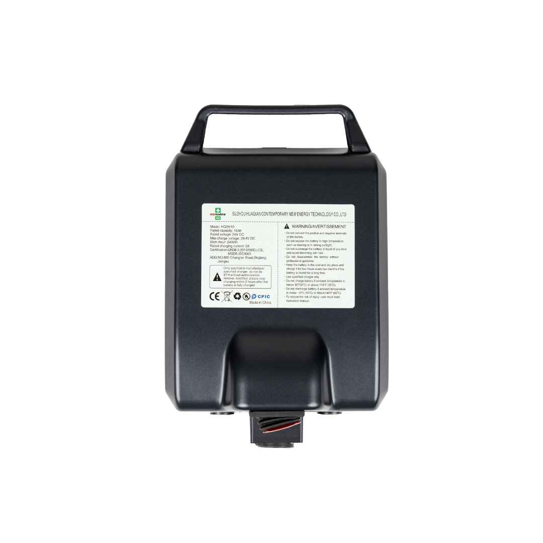 This is a Battery For Forcemech Traveler Scooter—an FAA-approved, black rectangular device with handle, front label, and bottom connector, shown against a white background.