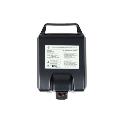 This is a Battery For Forcemech Traveler Scooter—an FAA-approved, black rectangular device with handle, front label, and bottom connector, shown against a white background.