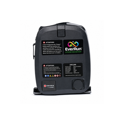 A black Battery For Golden Cricket LT GP309 Powerchair with caution labels, indicator lights, and a colorful EverRun logo on the front, airline-friendly and ideal for mobility travel, shown against a white background.