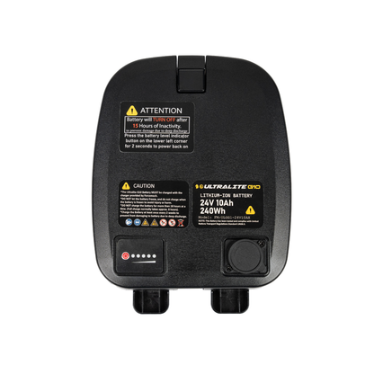 The black Forcemech Replacement Battery for G10 Carbon Powerchair features surface labels, caution warnings, 24V 10Ah 240Wh specs, and multiple colored indicator lights near the bottom.
